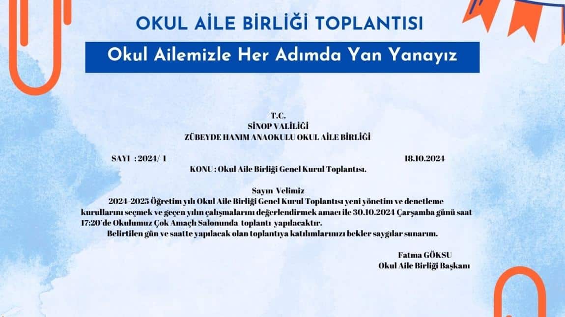 30 EKİM ÇARŞAMBA GÜNÜ OKUL AİLE BİRLİĞİ TOPLANTISI OLACAKTIR....